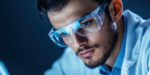 Poster - Futuristic AI Research Precision Tech Professional in Advanced Safety Eyewear Exploring Cutting-Edge Data Analytics and Immersive Scientific Innovation
