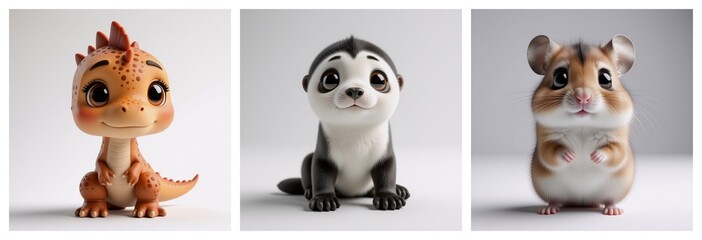 Poster - The image showcases three adorable, stylized creatures: a friendly, orange dinosaur, a cute black and white otter, and a charming hamster, all against a clean background. Each is rendered in a soft, a