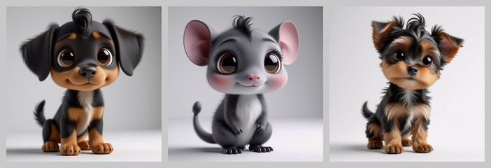 Poster - A captivating image features three adorable creatures: two dogs and a cute mouse. Each has expressive eyes and a playful expression, exuding charm against a simple background. The pups and mouse are f