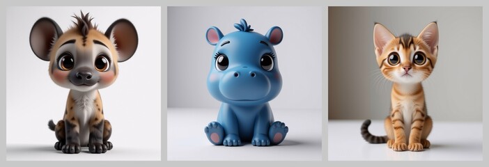 Poster - Three cute cartoon animals, a spotted hyena, a blue hippo, and a tabby kitten are sitting, each with big eyes, against a light background. The figures are small and adorable, perfect for a child.