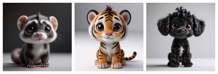 Aufkleber - Three adorable cartoon animals, including ferret, tiger cub, and puppy, are featured in a series. Each character is drawn in a cute style with large eyes and a pleasant expression.