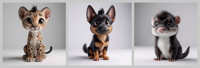 Aufkleber - Three adorable cartoon animals are shown: a spotted cub, a dog with a joyful expression, and a small critter with a soft fur. All are presented against a plain backdrop.