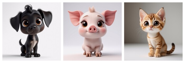 Aufkleber - This charming image showcases three adorable, cartoonish animals. The playful trio includes a black dog, a pink piglet, and a tabby kitten, each with large, expressive eyes. They are posed on a white 