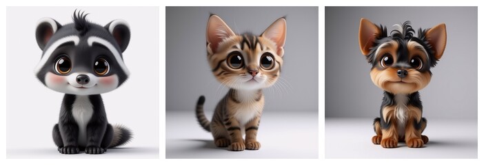 Poster - Three adorable stylized baby animals, a raccoon, kitten, and puppy, are depicted with large eyes. Each creature is sitting, with a soft, cartoonish design. The background is a neutral gray.
