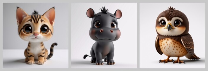 Aufkleber - A trio of charming animal figures, a kitty, a hippo, and an owl. Each figure has big eyes and rounded features, standing on a neutral background. They are all adorable.