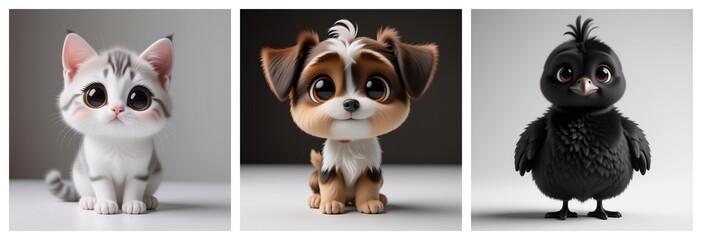 Poster - Cute cartoon animals, including a kitten, puppy, and a bird. All have big eyes and charming looks. A delightful collection of illustrated creatures.