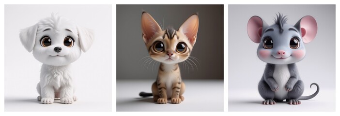 Aufkleber - Adorable creatures, a pup, kitten, and mouse, captured in a charming set. Each presents large eyes, embodying cuteness. The image captures their unique features and fluffy fur.