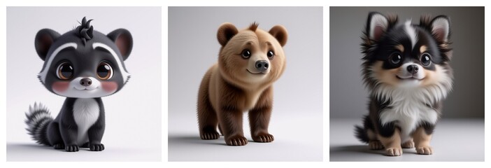 Aufkleber - Adorable cartoon animals are depicted. A raccoon, a bear, and a dog are present. The creatures exhibit an expressive, cute appearance. They showcase their charming personalities.