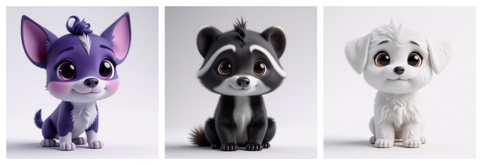 Poster - Three cartoonish, adorable baby animals are featured: a small purple puppy, a raccoon, and a white puppy, each with big eyes and charming expressions, sitting.