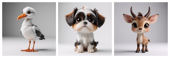 Poster - The image features stylized, cartoon animal illustrations. A bird, a puppy, and a fawn are each depicted with large eyes, detailed features and a glossy finish, set against a bright, plain background.