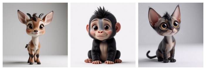Poster - Here's the description and keywords:

Whimsical portraits of three adorable baby animals; a fawn, a monkey, and a hairless cat, each with big eyes and a cute expression, are presented on a clean backg