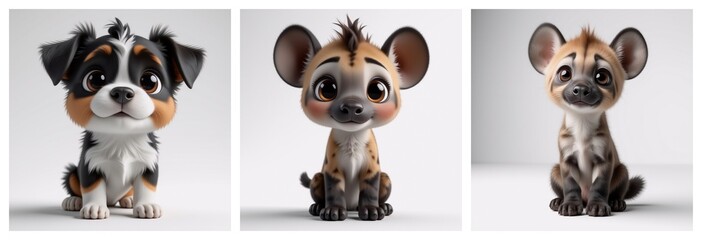 Aufkleber - Three charming cartoon animals, a dog, and two hyenas, sit on a white background.  Each has large, expressive eyes and a slightly sad or gentle expression,  all are stylized, possibly for children.