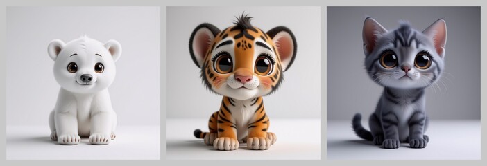 Aufkleber - Adorable animal cubs, a polar bear, a tiger, and a kitten, are centered against a clean background. Their large eyes convey innocence. The illustration style emphasizes cuteness with rounded features.
