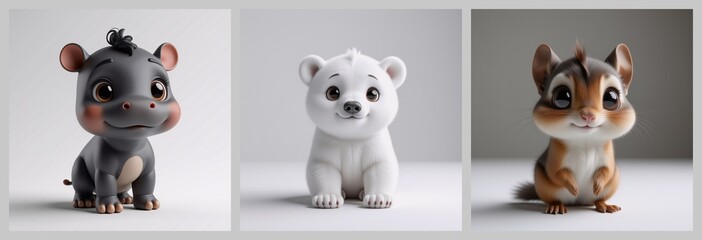 Poster - Adorable, cartoon-like animals a hippo, a polar bear, and a chipmunk sit against a plain backdrop. Each animal is detailed and has large eyes, creating a charming scene.