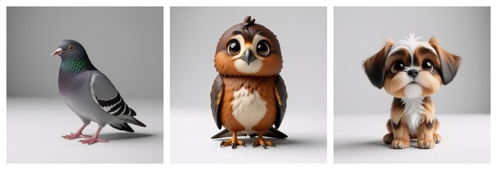 Aufkleber - Three cartoon-like animals: a bird, an owl, and a dog. Each animal is isolated against a plain background. The illustration style has a charming and playful feel.