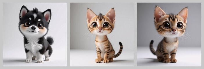 Aufkleber - The image presents three adorable, stylized animal illustrations. A puppy with a black and white coat is paired with two kittens with unique patterns, all with oversized eyes and endearing poses. They