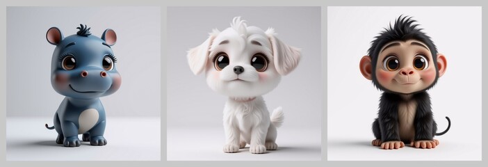 Aufkleber - Three charming cartoon animals stand against a neutral background. A blue hippo, a white dog, and a monkey present adorable expressions. Each creature is cute and rendered in a stylized manner.