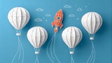 Vibrant paper art of a rocket launching among white hot air balloons.