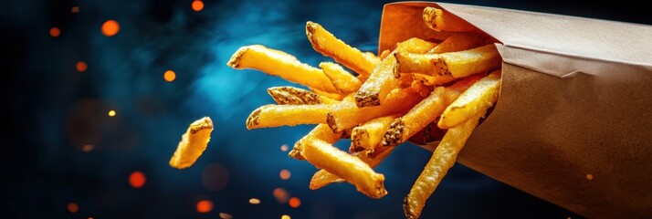 Poster - Crispy golden french fries soaring from a brown paper bag in colorful dramatic lighting