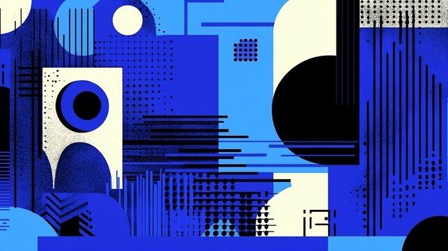 Geometric composition with dynamic textures in a bold blue and black palette