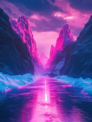 Aufkleber - Experience a surreal journey on a neon-lit road through misty mountains in vibrant blue and pink hues