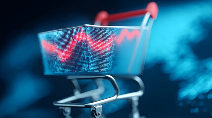Aufkleber - A digital shopping cart displays vibrant data trends, symbolizing modern e-commerce and analytics in a tech-driven environment.