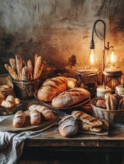 Poster - Rustic wooden table adorned with fresh golden-brown bread and pastries in warm ambient lighting at a cozy bakery setting