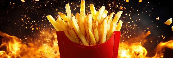 Poster - Vibrant golden crispy french fries in a red container with colorful splashes and a dynamic backdrop