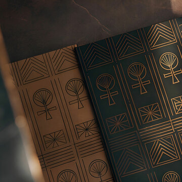 A minimalist Egyptian-inspired pattern with simple geometric shapes, hieroglyphic symbols, and subtle, elegant lines.