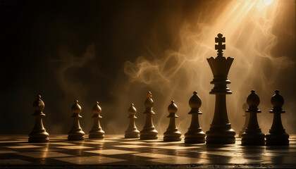 Poster - A dramatic, spotlighted king chess piece stands tall among its pawns, casting long shadows on a textured surface in a moody, low-key setting.