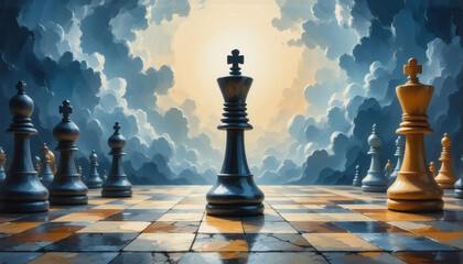 Poster - Chess pieces are arranged on a chessboard under a dramatic cloudy sky.  A strategic game concept with a central king in focus.