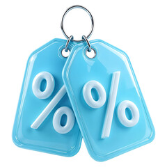 3d light blue discount tags with percentage symbols on transparent background