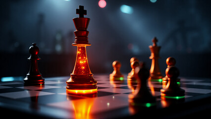 Poster - Chess game with a glowing king piece in focus on a checkered board. Dark, blurred background with bokeh lights creates a strategic atmosphere.