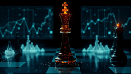 Poster - Illuminated chess pieces on a board with financial graphs in the background. King piece is in focus, representing strategy and market analysis.