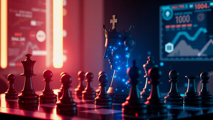 Poster - Digital chess match with illuminated pieces on a board against a backdrop of glowing data screens and futuristic tech.