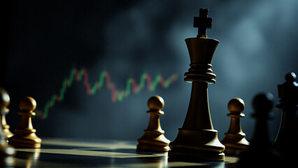 Poster - Dramatic chess game setup with king piece prominently displayed, financial graph background hinting at strategic market moves and investment decisions.