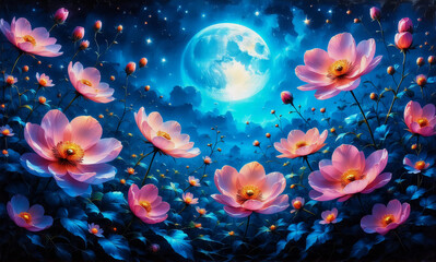 Wall Mural - a dreamy night scene with pink flowers floating against a dark blue sky with a bright full moon and 