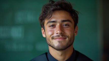 Young man smiles in front of a blurred green background