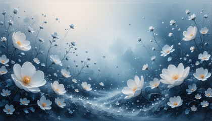 Wall Mural - delicate white blossoms float against a dreamy, soft blue backdrop, creating a serene and peaceful f