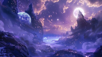 Wall Mural - mystical landscape with a starry sky, glowing moon and floating islands.