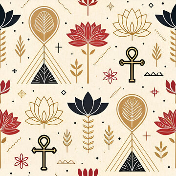 A minimalist Egyptian-inspired pattern with simple geometric shapes, hieroglyphics, and subtle symbols like the ankh, pyramids, and scarabs.