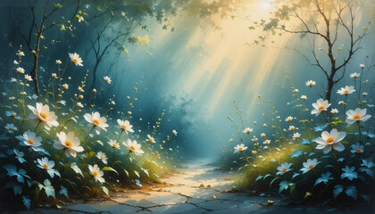 Canvas Print - sunlit path through a serene forest, lined with white flowers. light rays filter through trees creat