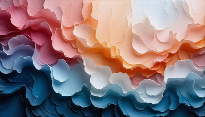 Poster - Abstract artwork featuring flowing, wavy shapes with gradient colors.  Layers of paint-like textures blend from deep blues to soft pinks and oranges, creating a dynamic and visually rich design.