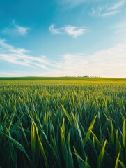 Poster - Vast sugarcane plantation under bright blue sky with golden light illuminating green stalks waving in the breeze