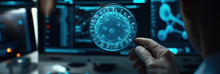 Aufkleber - Scientist examining holographic virus structure in futuristic lab with advanced technology