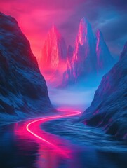 Poster - Surreal neon road winding through glowing misty mountains at twilight in vibrant blue and pink tones for futuristic exploration