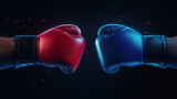 Boxing gloves clash in dramatic showdown, one red and one blue, symbolizing competition and intensity. contrasting colors highlight energy of sport