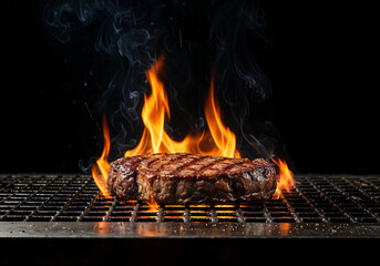 Poster - Delicious Steak Sizzling on a Hot Grill with Rising Flames and Smoke  . Generative AI