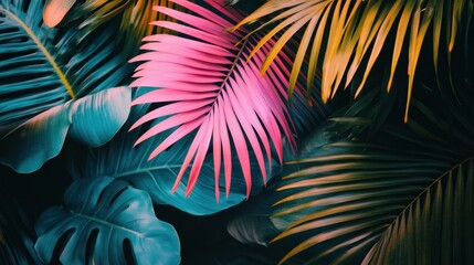 Aufkleber - Vibrant tropical background with neon pink, blue, and green palm leaves creating a modern jungle aesthetic in an enchanting setting