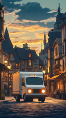 Wall Mural - Here optimized metadata for image cartoon delivery truck brings charm to quaint european town street at sunset, evoking sense of nostalgia and adventure